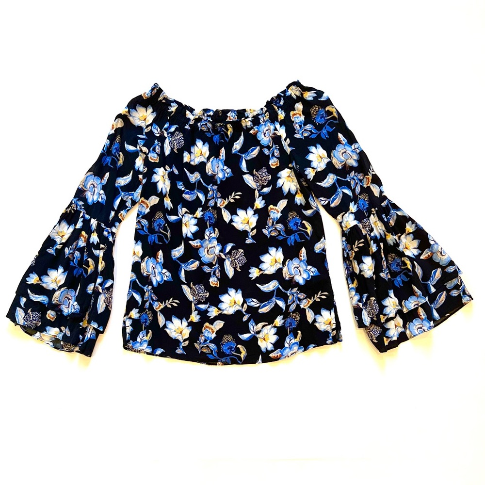 White House Black Market Black Blue Floral Off the Shoulder Bell Sleeve Blouse